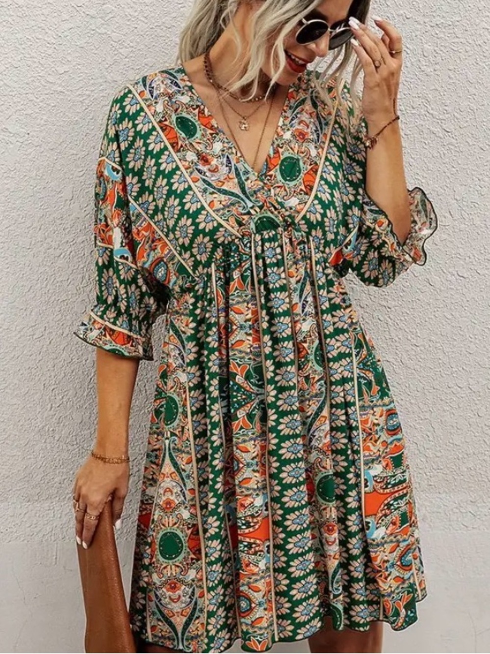 Green Floral Boho V-Neck Mini Dress